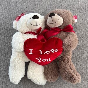 Plush Teddy Bear Pair Holding Red 'I Love You' Heart